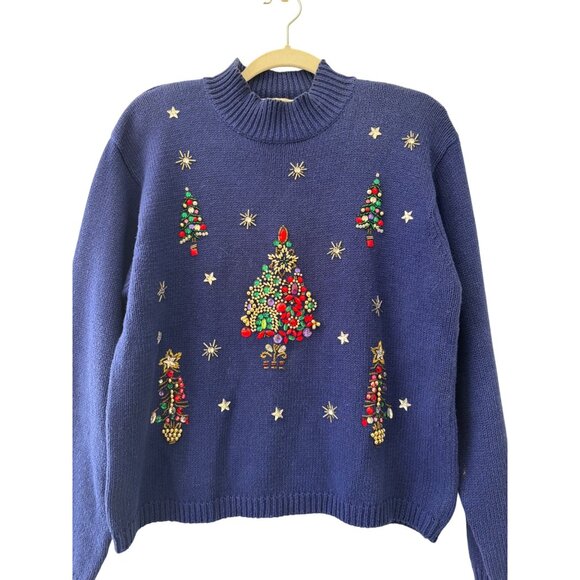 Vintage Karen Scott Blue Sweater With Embroidered Christmas Tree & Star Details - Picture 2 of 9